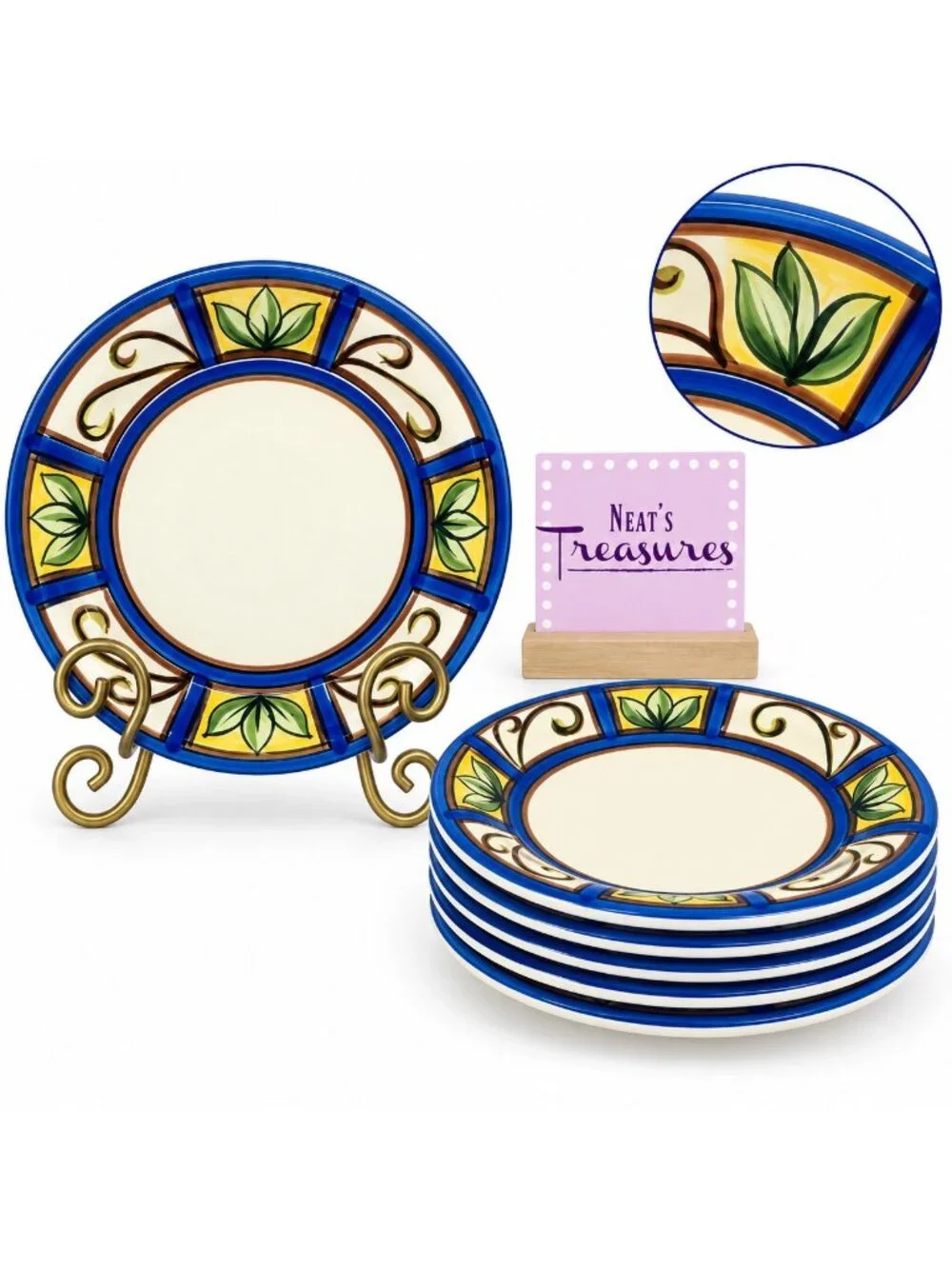 Liddy GREEN PLANTS Hand Painted Blue Trim Ceramic Salad Snack Round Plates Set 6